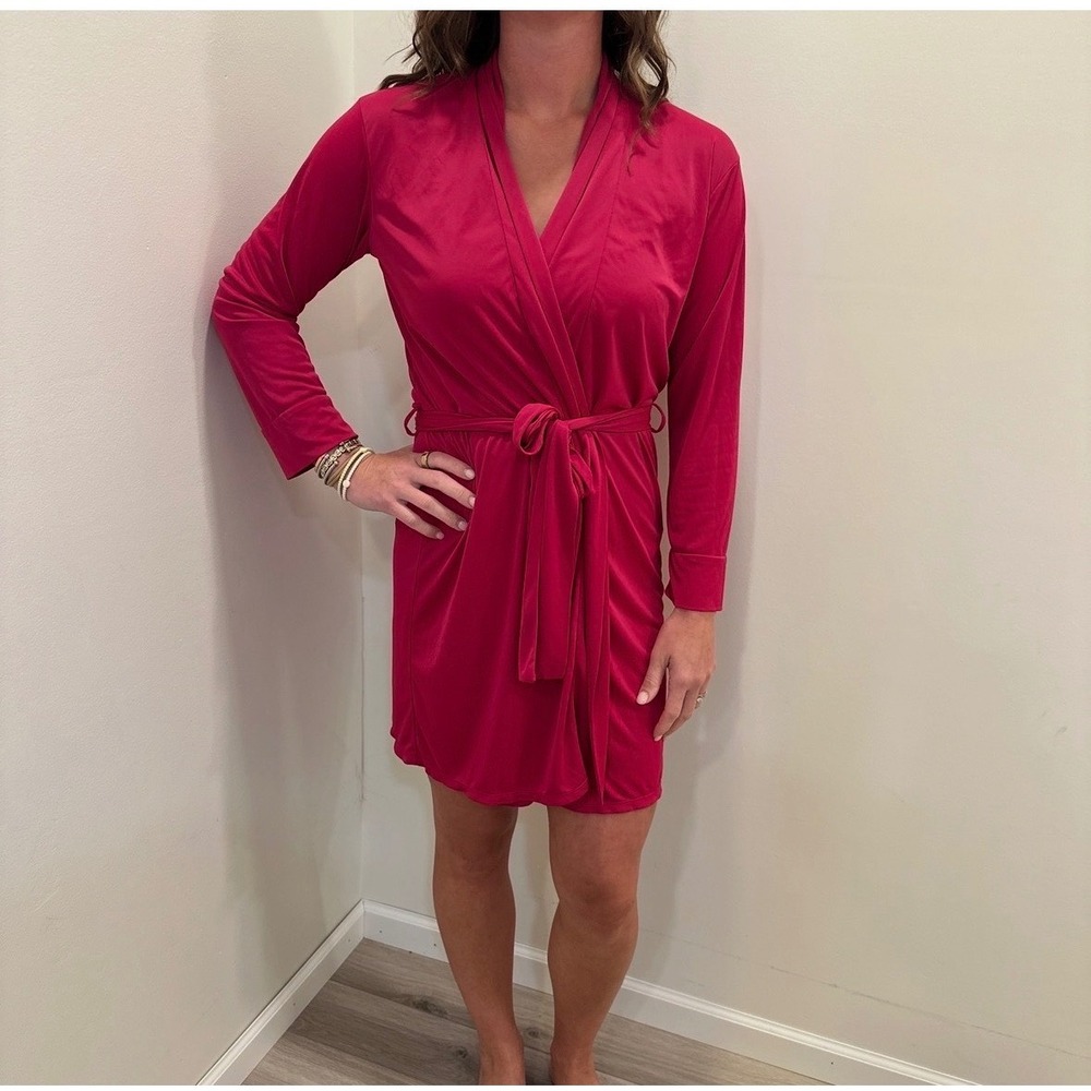 Natori Womens XS Magenta Pink Short Wrap Robe Long Sleeve Belted Loungewear